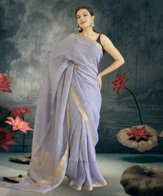 lavender linen silk blend saree with zari border 3