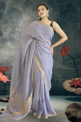 lavender linen silk blend saree with zari border
