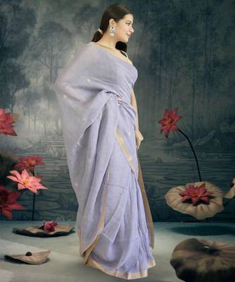 lavender linen silk blend saree with zari border 4
