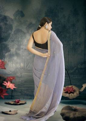 lavender linen silk blend saree with zari border 5