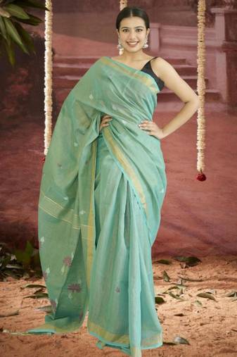 green linen silk blend saree with zari border