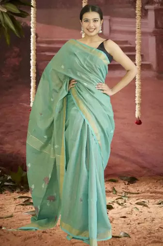 green linen silk blend saree with zari border