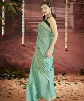 green linen silk blend saree with zari border 2