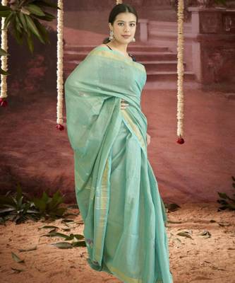 green linen silk blend saree with zari border 3