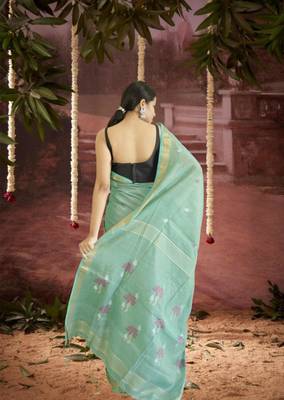 green linen silk blend saree with zari border 4