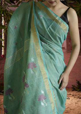 green linen silk blend saree with zari border 5