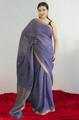 purple linen silk blend saree with zari border