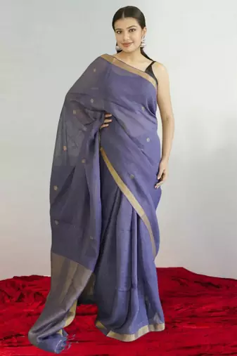 purple linen silk blend saree with zari border
