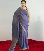 purple linen silk blend saree with zari border