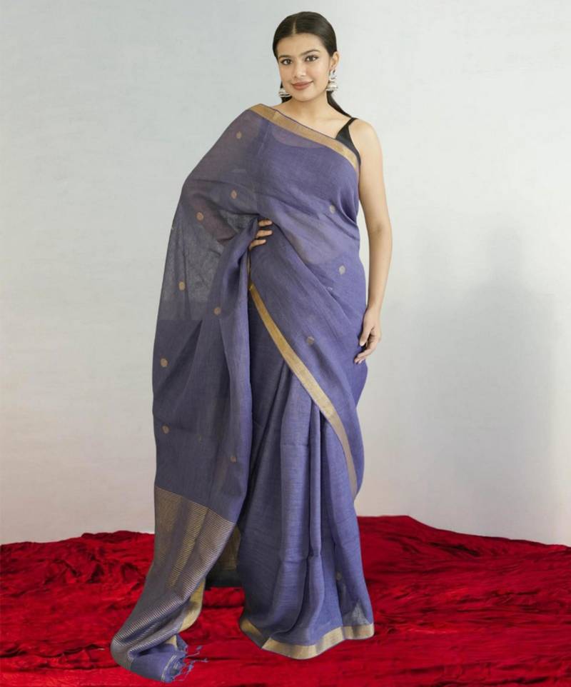 purple linen silk blend saree with zari border