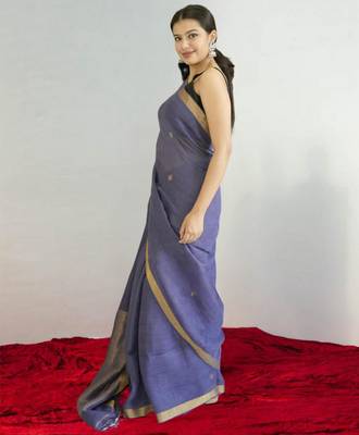 purple linen silk blend saree with zari border 2