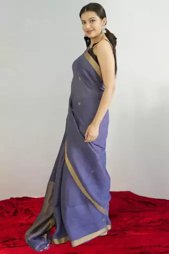 purple linen silk blend saree with zari border