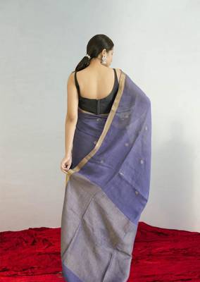 purple linen silk blend saree with zari border 3