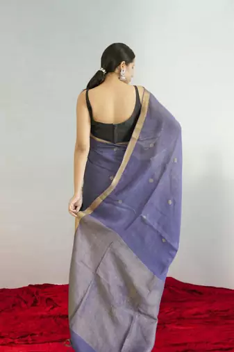 purple linen silk blend saree with zari border