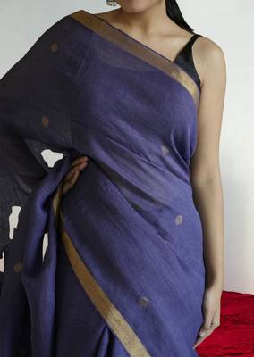 purple linen silk blend saree with zari border 5