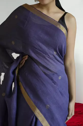 purple linen silk blend saree with zari border