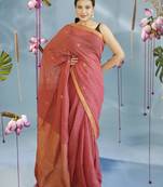 red linen silk blend saree with zari border