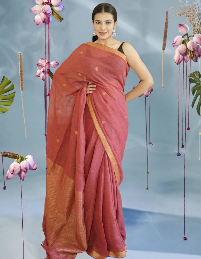 red linen silk blend saree with zari border