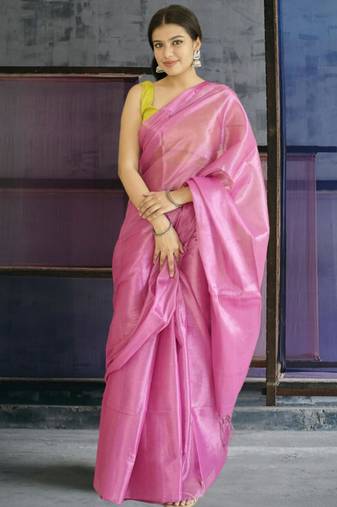 pink glass tissue silk blend saree