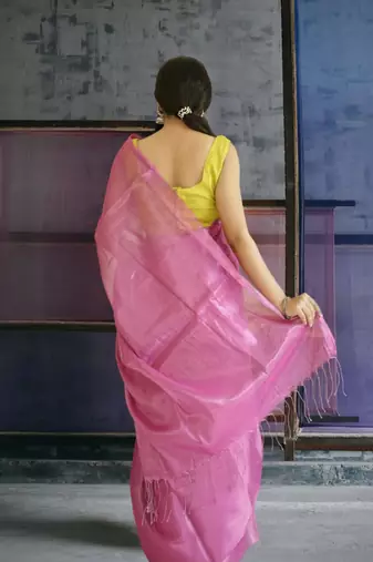 pink glass tissue silk blend saree