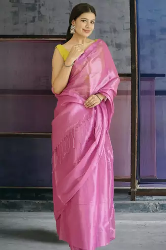 pink glass tissue silk blend saree