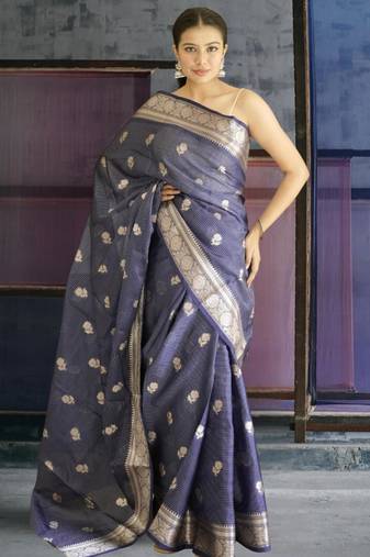 blue banarasi silk blend saree