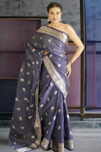 blue banarasi silk blend saree