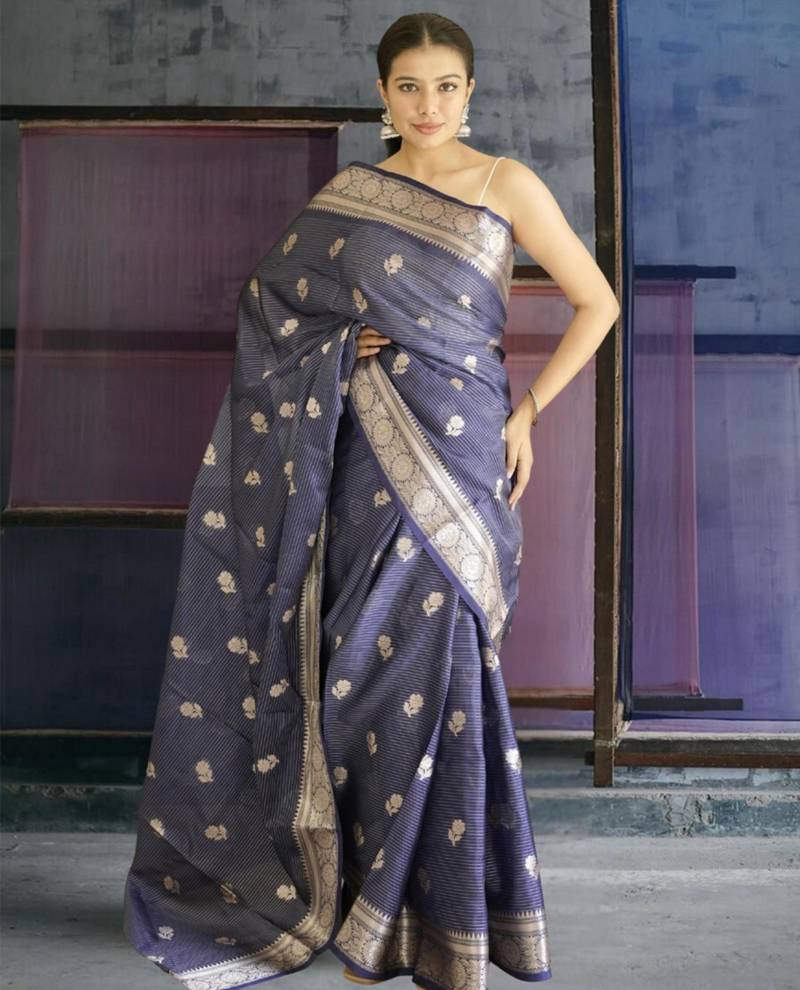 blue banarasi silk blend saree