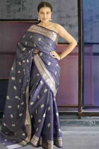 blue banarasi silk blend saree