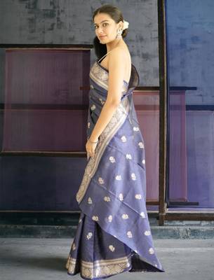 blue banarasi silk blend saree 3