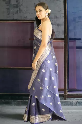 blue banarasi silk blend saree