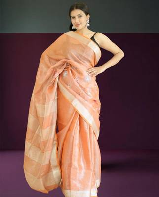 orange tissue linen saree with hand embroidery 1