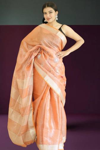 orange tissue linen saree with hand embroidery