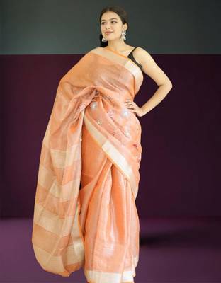 orange tissue linen saree with hand embroidery 2