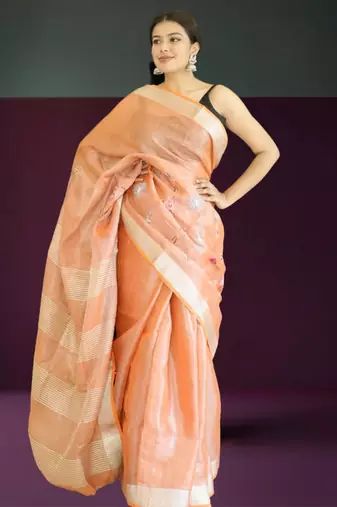 orange tissue linen saree with hand embroidery