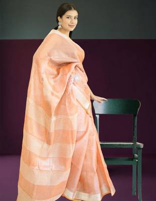 orange tissue linen saree with hand embroidery 3