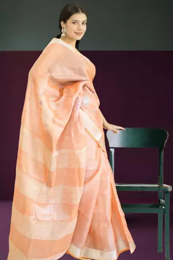 orange tissue linen saree with hand embroidery