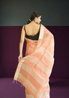 orange tissue linen saree with hand embroidery 4