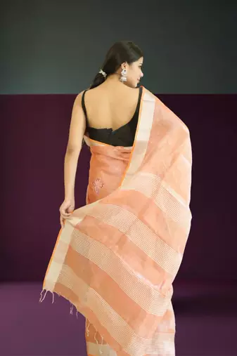 orange tissue linen saree with hand embroidery