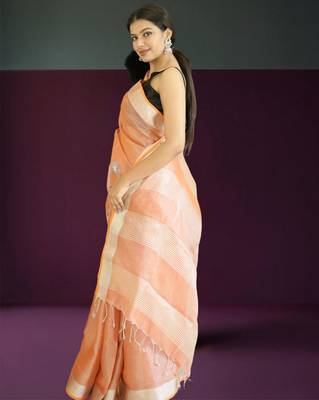 orange tissue linen saree with hand embroidery 5