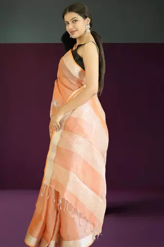 orange tissue linen saree with hand embroidery