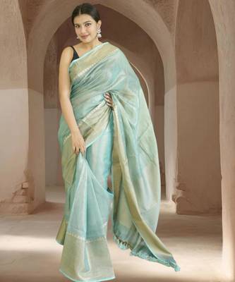 blue tissue linen saree with zari border 1
