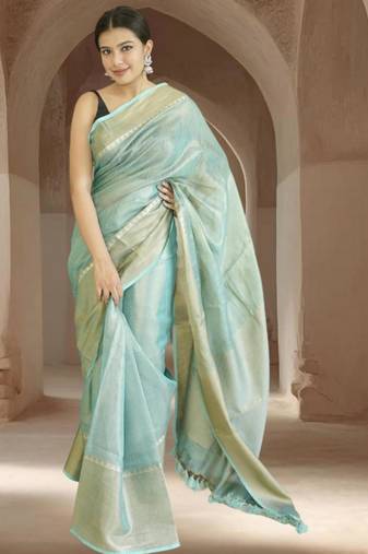 blue tissue linen saree with zari border