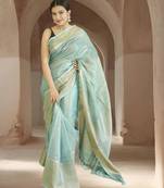 blue tissue linen saree with zari border