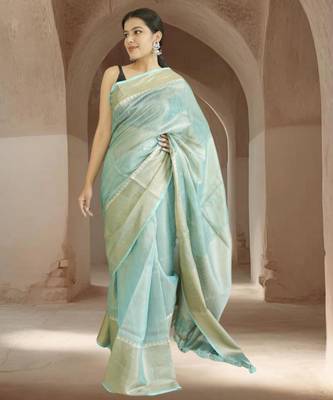 blue tissue linen saree with zari border 2