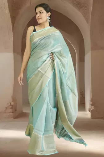 blue tissue linen saree with zari border