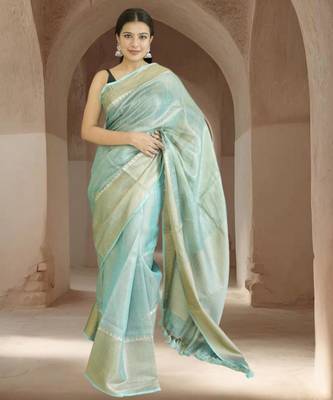 blue tissue linen saree with zari border 3