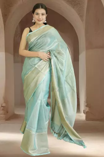 blue tissue linen saree with zari border