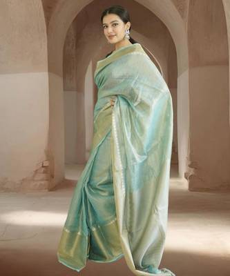 blue tissue linen saree with zari border 4