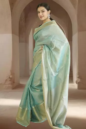 blue tissue linen saree with zari border